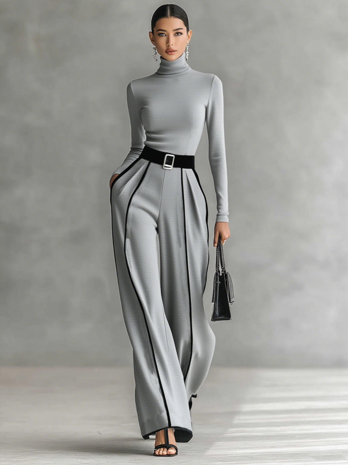 WOMENS WHITE TRIMMED TURTLENECK WIDE LEG PANTS TWO PIECE SET