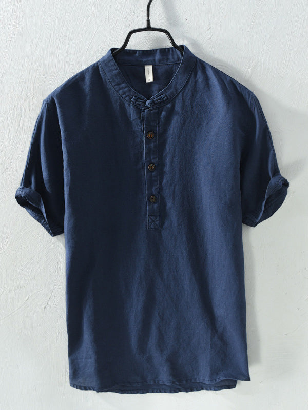 BLENDED STAND COLLAR SHORT SLEEVE SHIRT