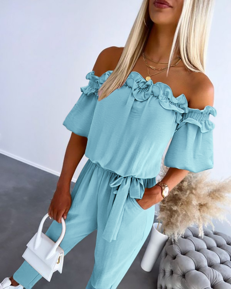 WOMENS RUFFLE OFF-THE-SHOULDER JUMPSUIT