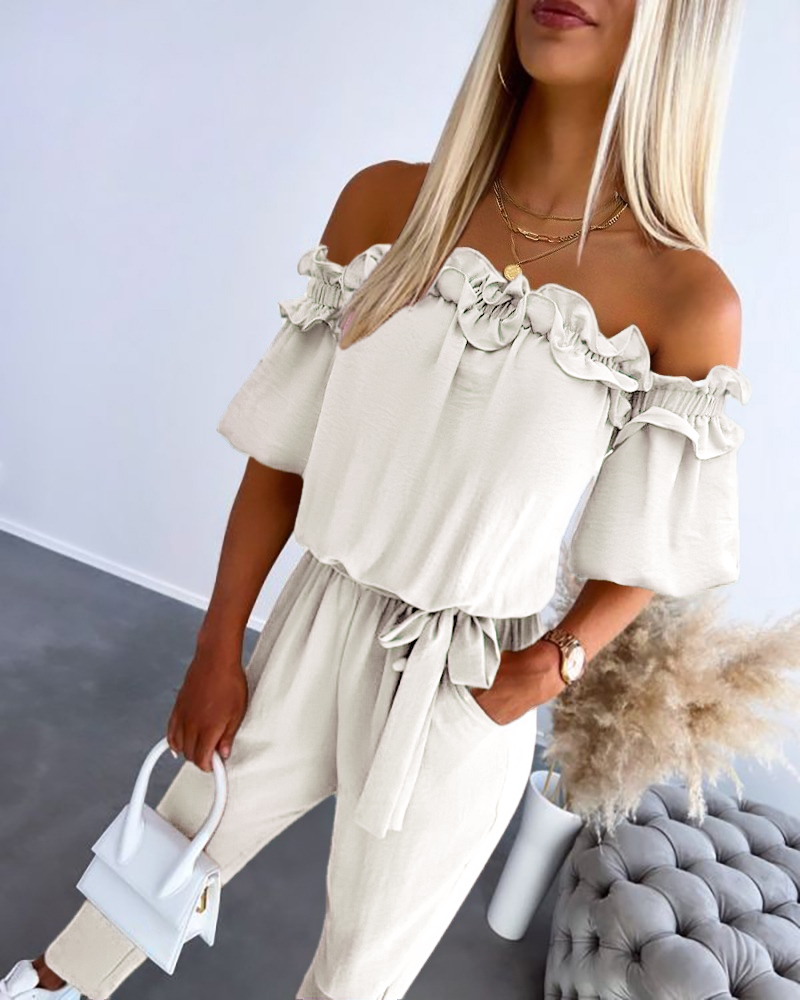 WOMENS RUFFLE OFF-THE-SHOULDER JUMPSUIT