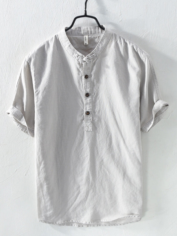 BLENDED STAND COLLAR SHORT SLEEVE SHIRT