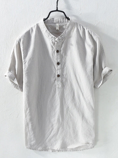BLENDED STAND COLLAR SHORT SLEEVE SHIRT