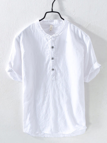 BLENDED STAND COLLAR SHORT SLEEVE SHIRT