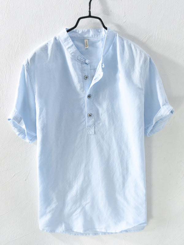 BLENDED STAND COLLAR SHORT SLEEVE SHIRT