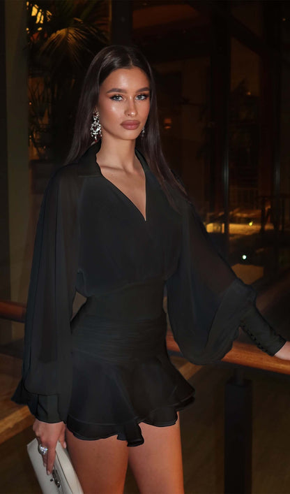 SOLID LANTERN SLEEVE MINI DRESS