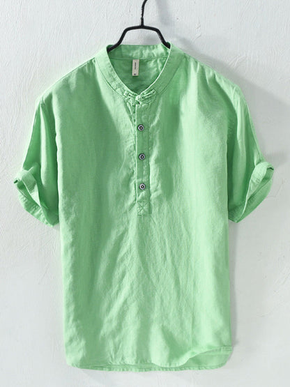 BLENDED STAND COLLAR SHORT SLEEVE SHIRT