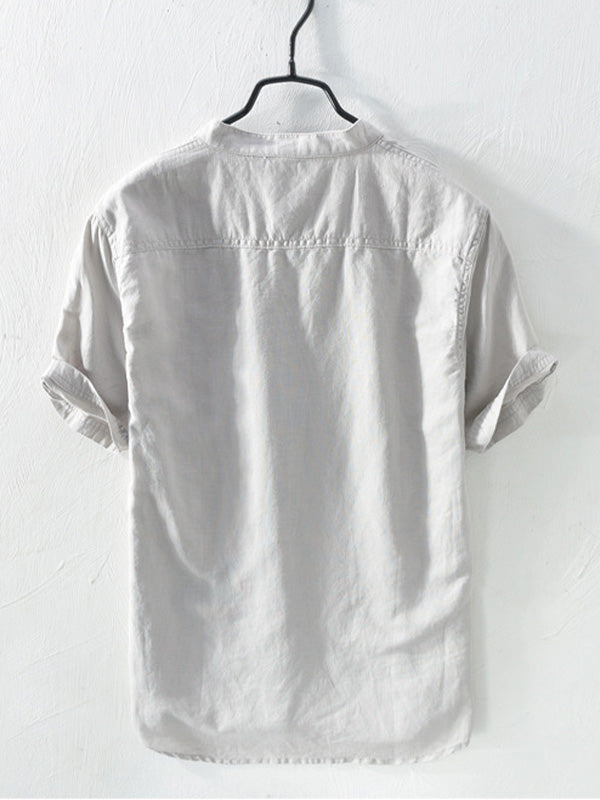 BLENDED STAND COLLAR SHORT SLEEVE SHIRT