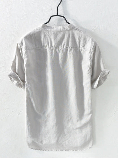 BLENDED STAND COLLAR SHORT SLEEVE SHIRT
