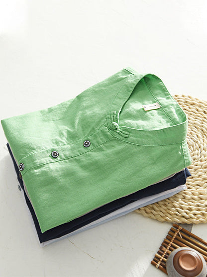 BLENDED STAND COLLAR SHORT SLEEVE SHIRT