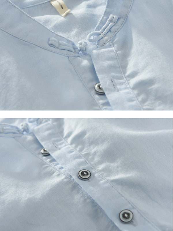 BLENDED STAND COLLAR SHORT SLEEVE SHIRT