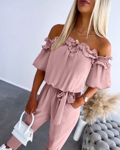 WOMENS RUFFLE OFF-THE-SHOULDER JUMPSUIT