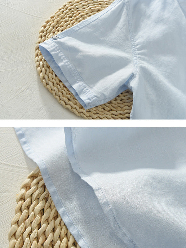 BLENDED STAND COLLAR SHORT SLEEVE SHIRT