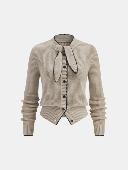 TIE NECK CONTRAST TRIM WOOL BLEND CARDIGAN