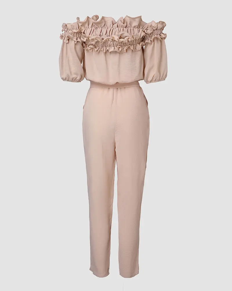 WOMENS RUFFLE OFF-THE-SHOULDER JUMPSUIT