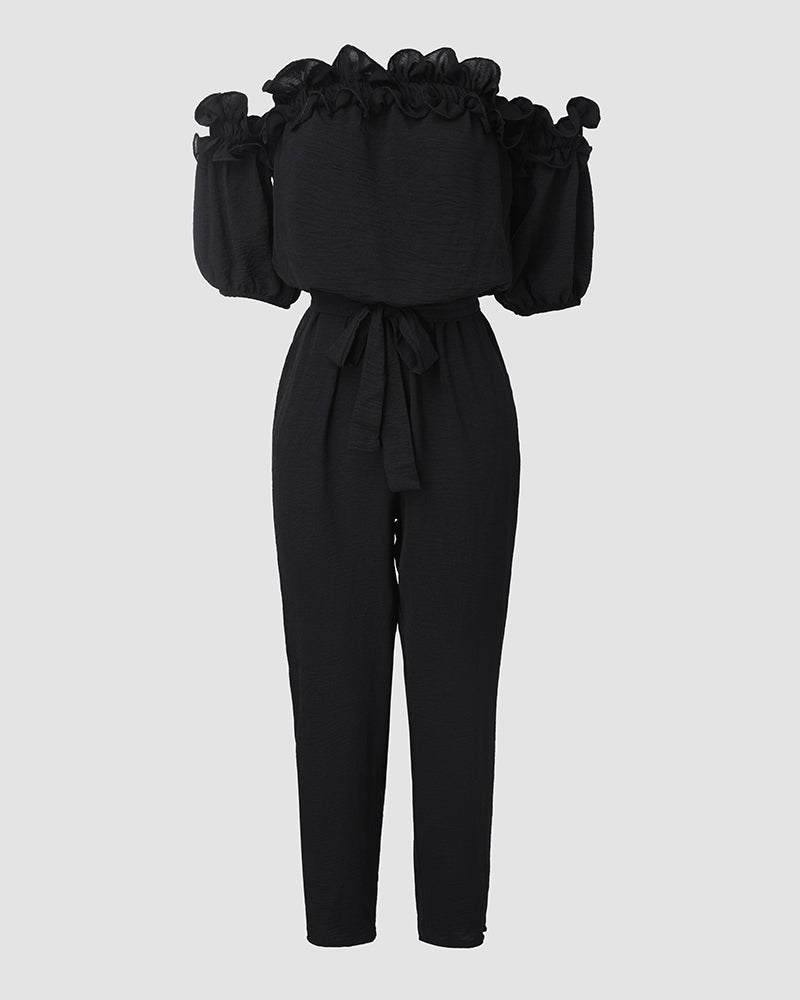 WOMENS RUFFLE OFF-THE-SHOULDER JUMPSUIT