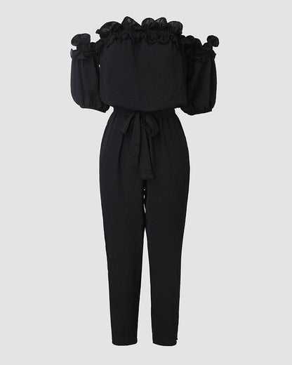 WOMENS RUFFLE OFF-THE-SHOULDER JUMPSUIT