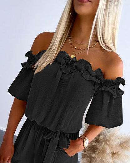 WOMENS RUFFLE OFF-THE-SHOULDER JUMPSUIT