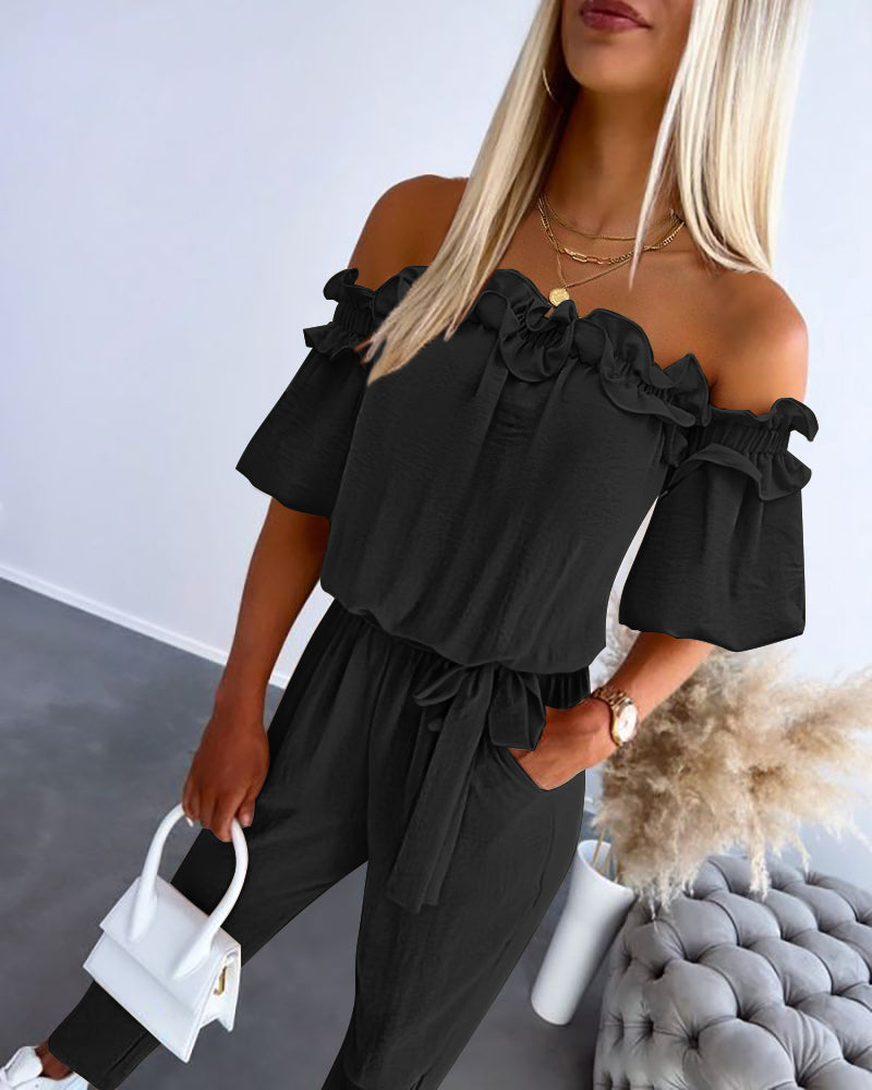 WOMENS RUFFLE OFF-THE-SHOULDER JUMPSUIT